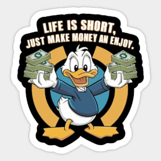 A vectordesign trending concept for A cartoon happy character duck, holding bundles of money in both his hands. (3) Sticker